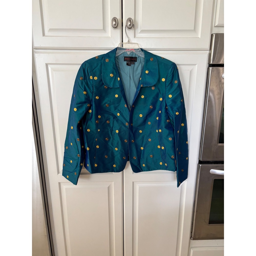 Nina‎ McLemore Teal Blue Silk Polka Dot Blazer Jacket Gold Embroidered Size 18